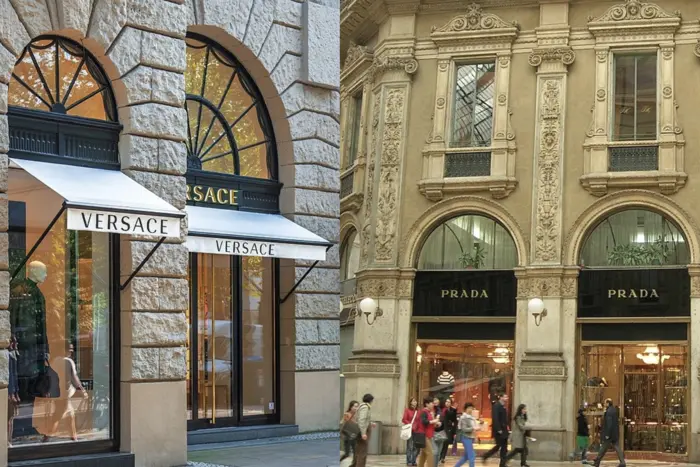 Логотипи Prada та Versace на синьому тлі