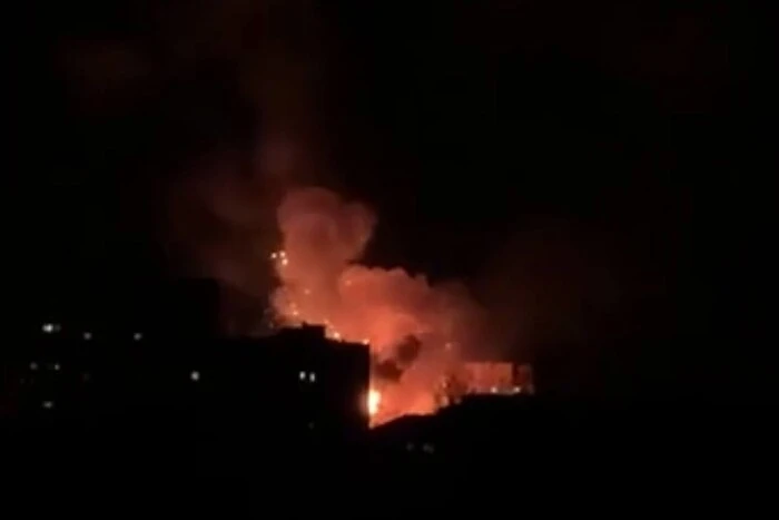 A building on fire in Sloviansk during the attack by Russian drones