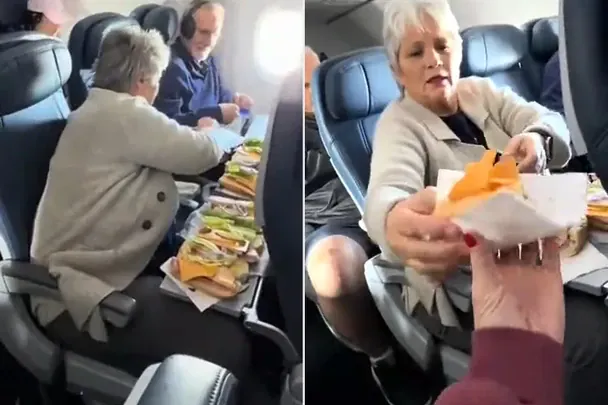 Amerykanka w wieku 71 lat zaserwowała rodzinie kanapki na pokładzie. Nagranie hitem sieci