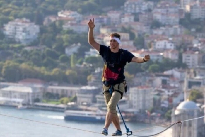 Acrobat on a rope over the Bosphorus