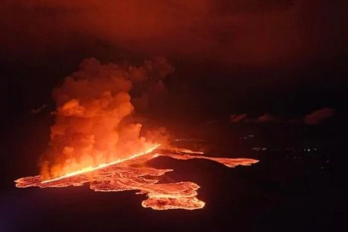 Eruption of the volcano in Iceland. Evacuation of people