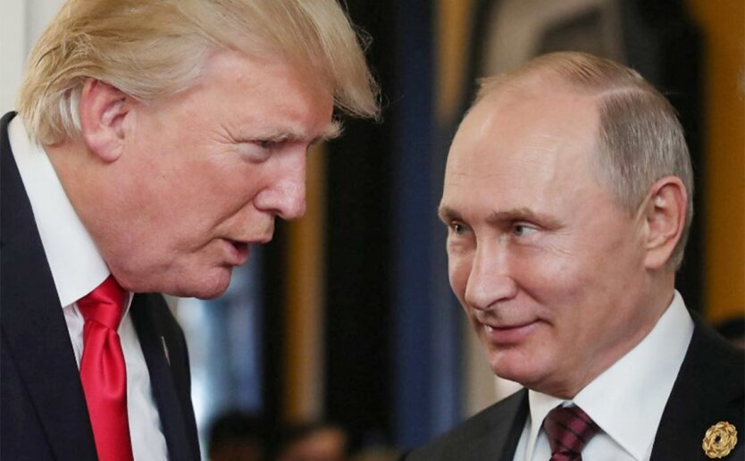 Image of Putin and Trump with the American flag backdrop