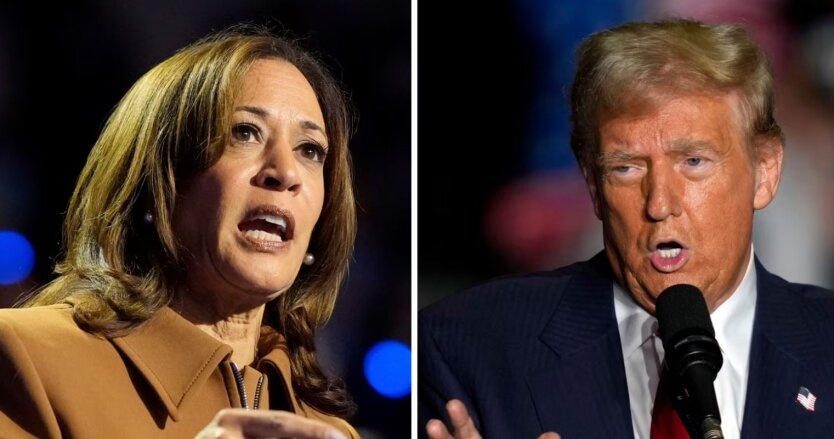 Trump and Harris against the backdrop of the American flag