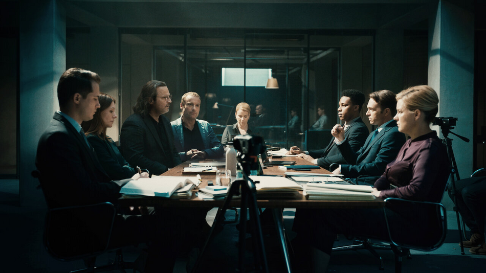 Scene from the series 'Billion Dollar Code' with hackers battling against the corporation